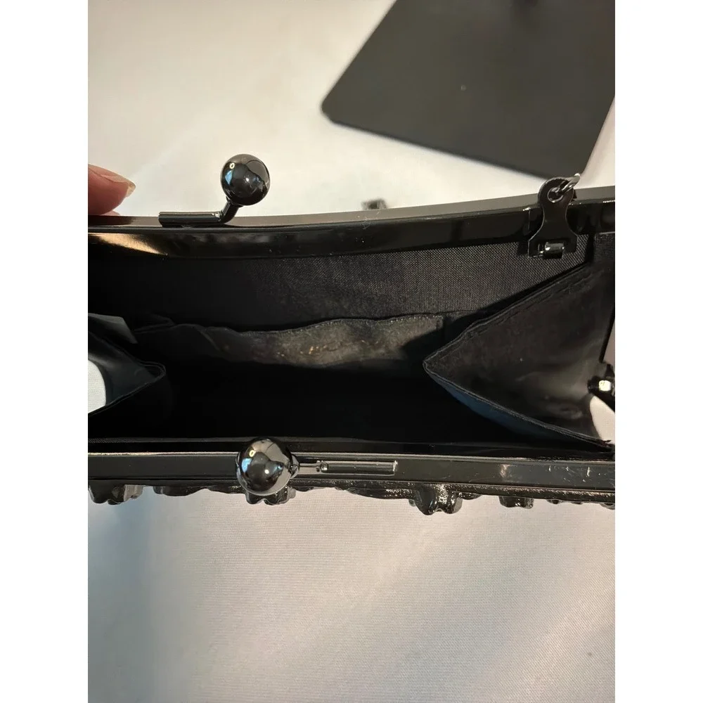 Jessica McClintock Clutch Bag Womens OS Black Satin Rhinestone Evening Formal